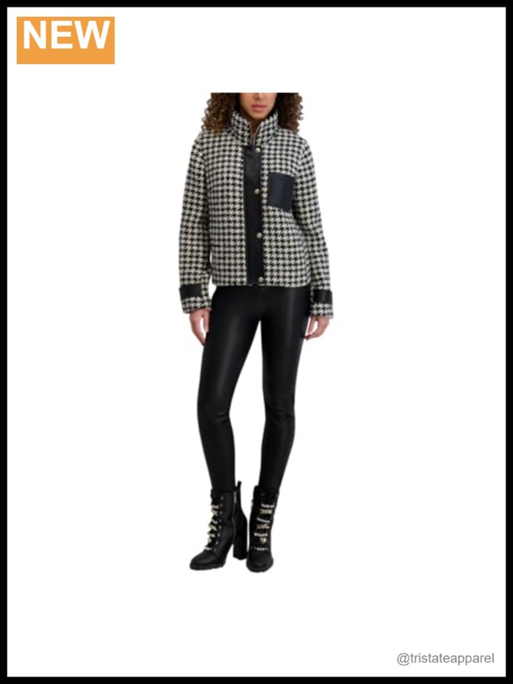Houndstooth Short Jacket with Faux Leather Trim - Women's Quilted Wool Blend